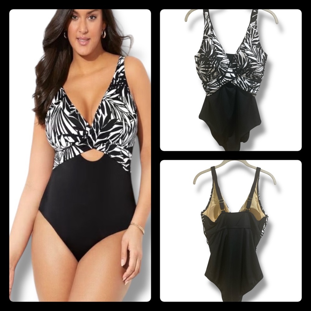 Swimsuits For All Black and White Leaf Print Swimsuit Size 14